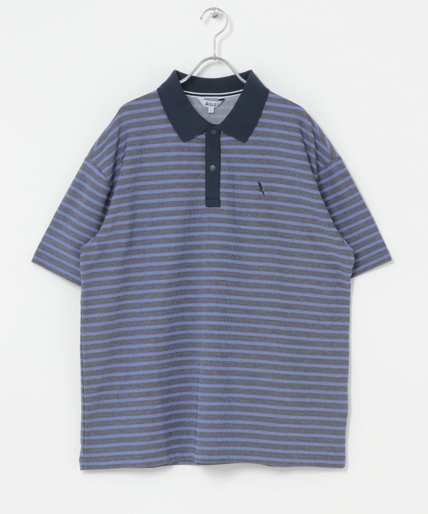 AIGLE　吸水速乾 テクスチャードストライプ 半袖ポロシャツ BLUE M
