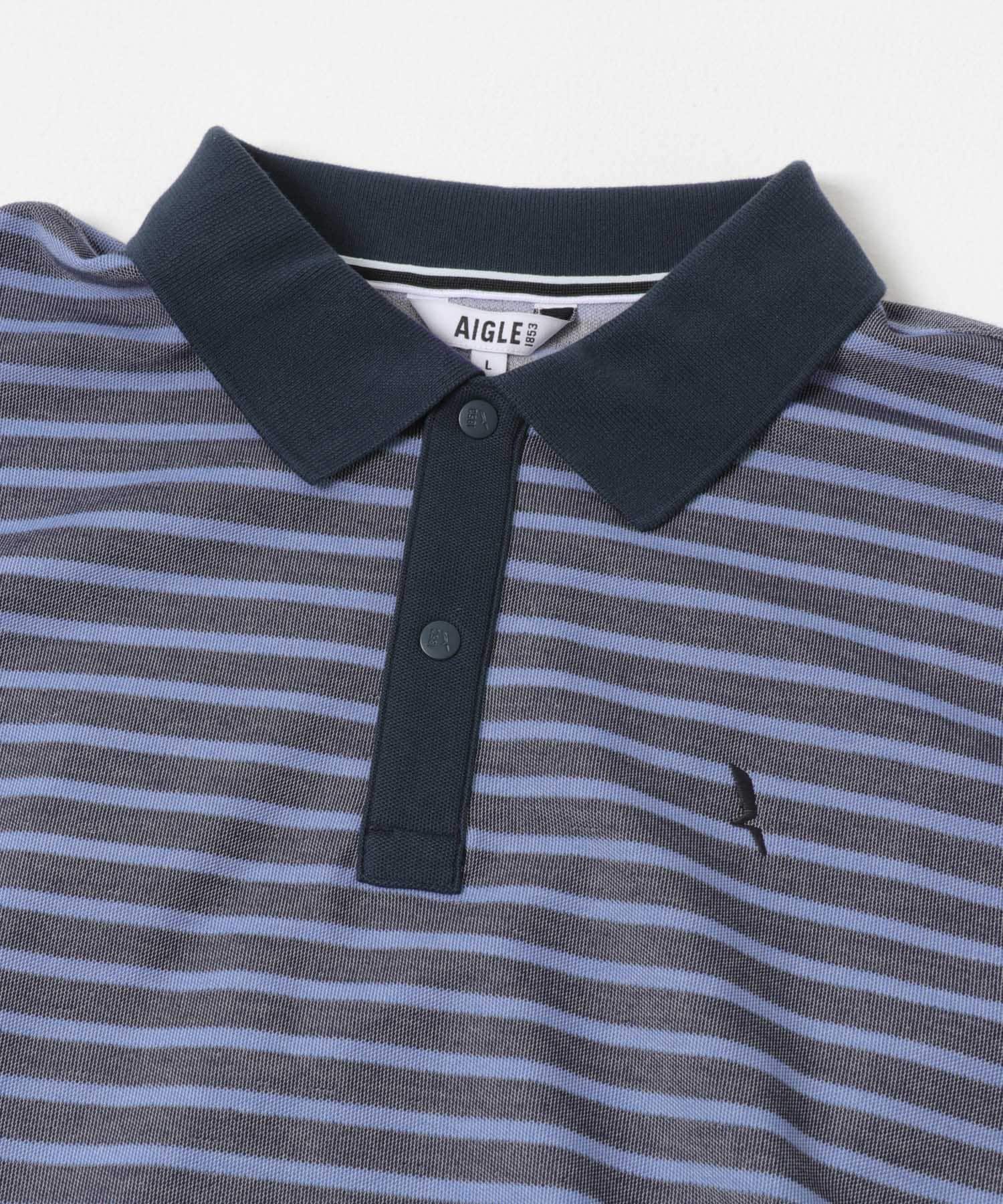 AIGLE　吸水速乾 テクスチャードストライプ 半袖ポロシャツ BLUE M