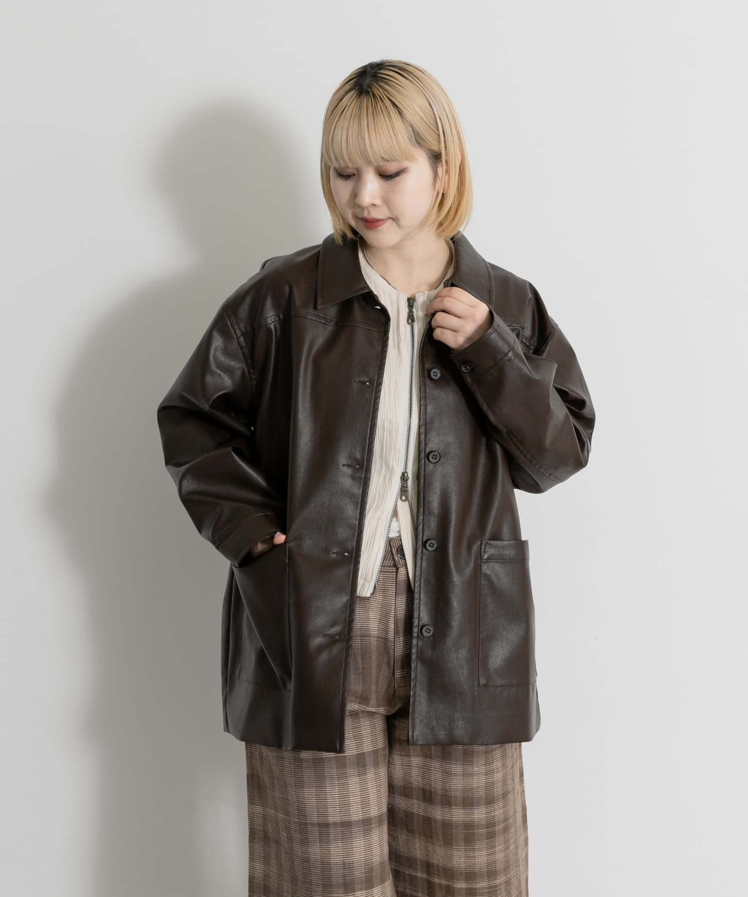 MIDIUMISOLID synthetic leather over size blouson(Free BROWN