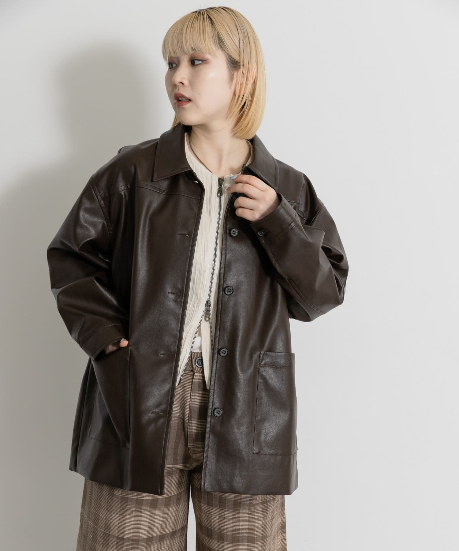 MIDIUMISOLID synthetic leather over size blouson(Free BROWN