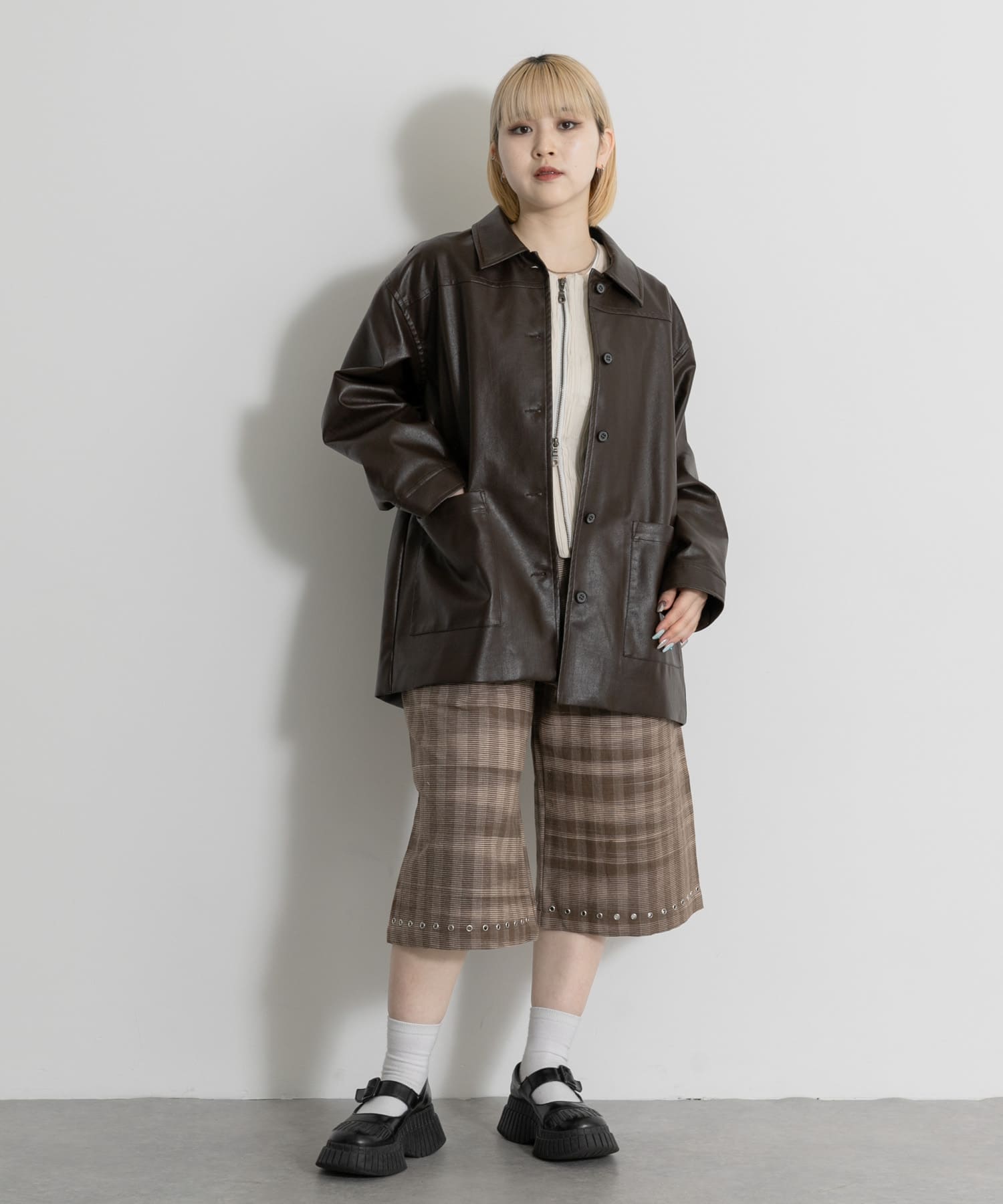 MIDIUMISOLID synthetic leather over size blouson(Free BROWN