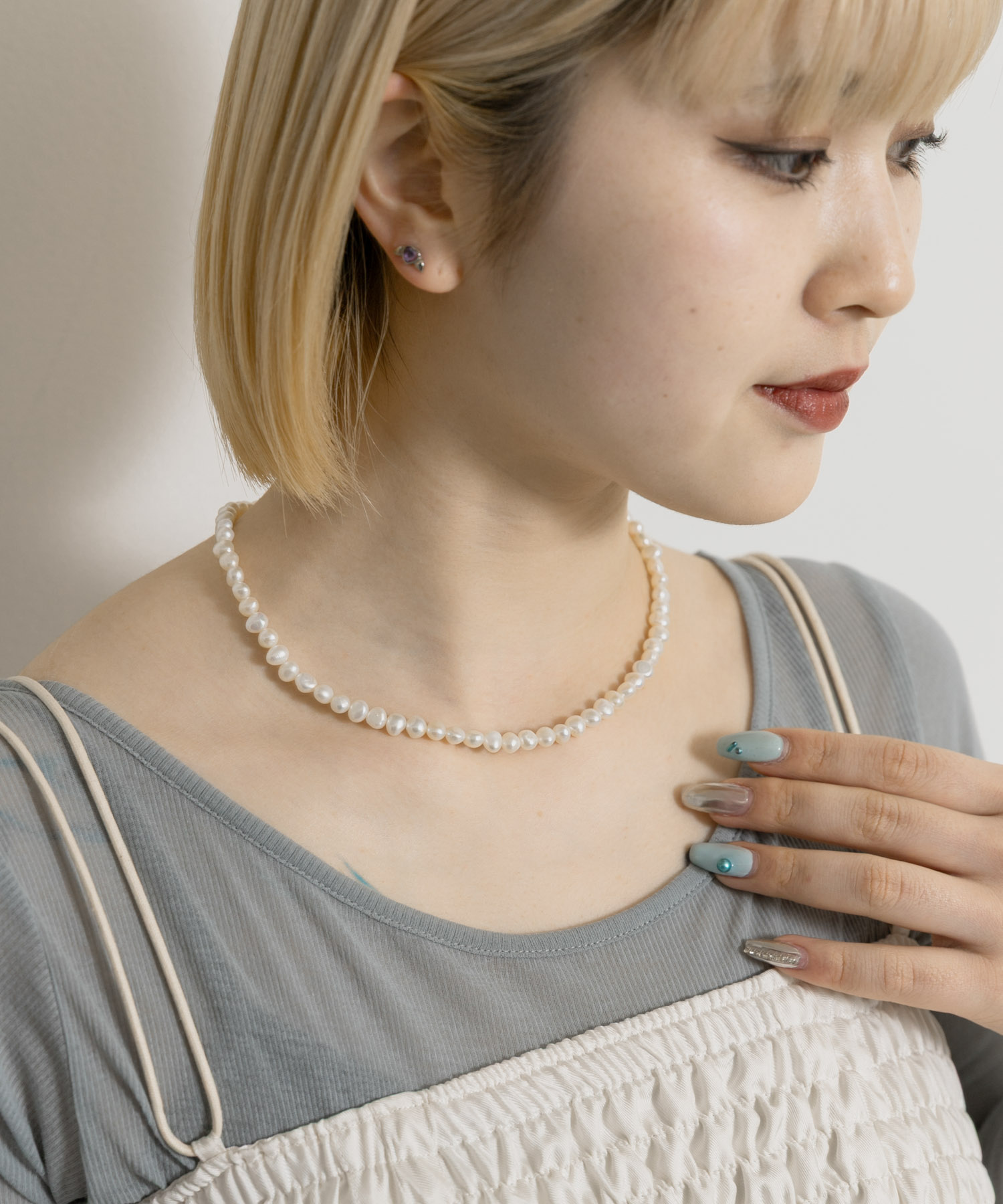 STACEY サージカルステンレス淡水パールネックレス(Free Silver