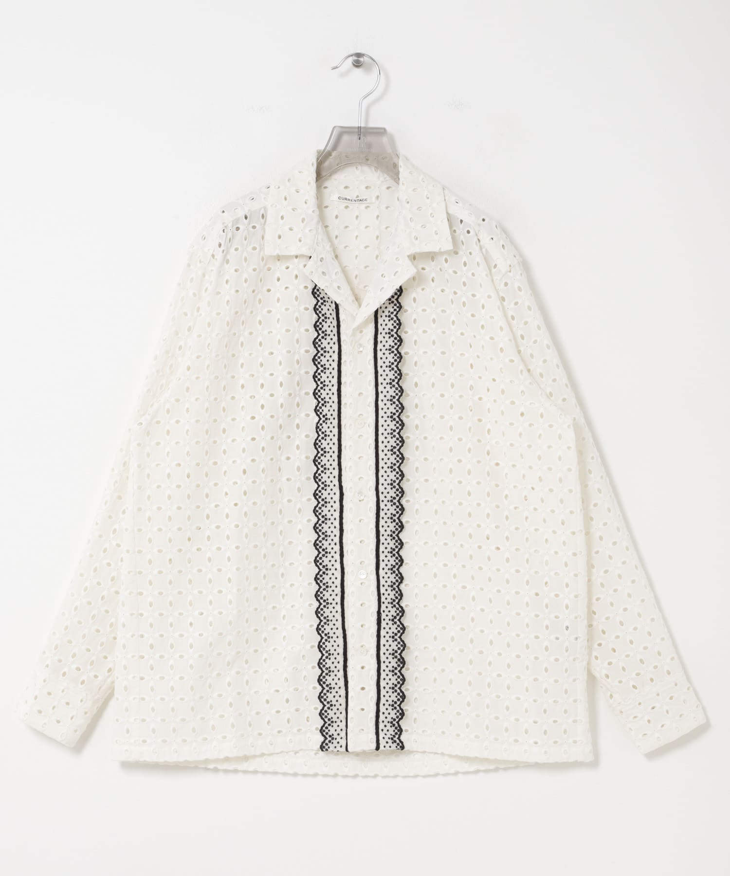 70s vintage レース シャツ 100% cotton CURRENTAGE VINTAGEレース刺繍開襟シャツ(3 WHT BLK): トップス｜URBAN