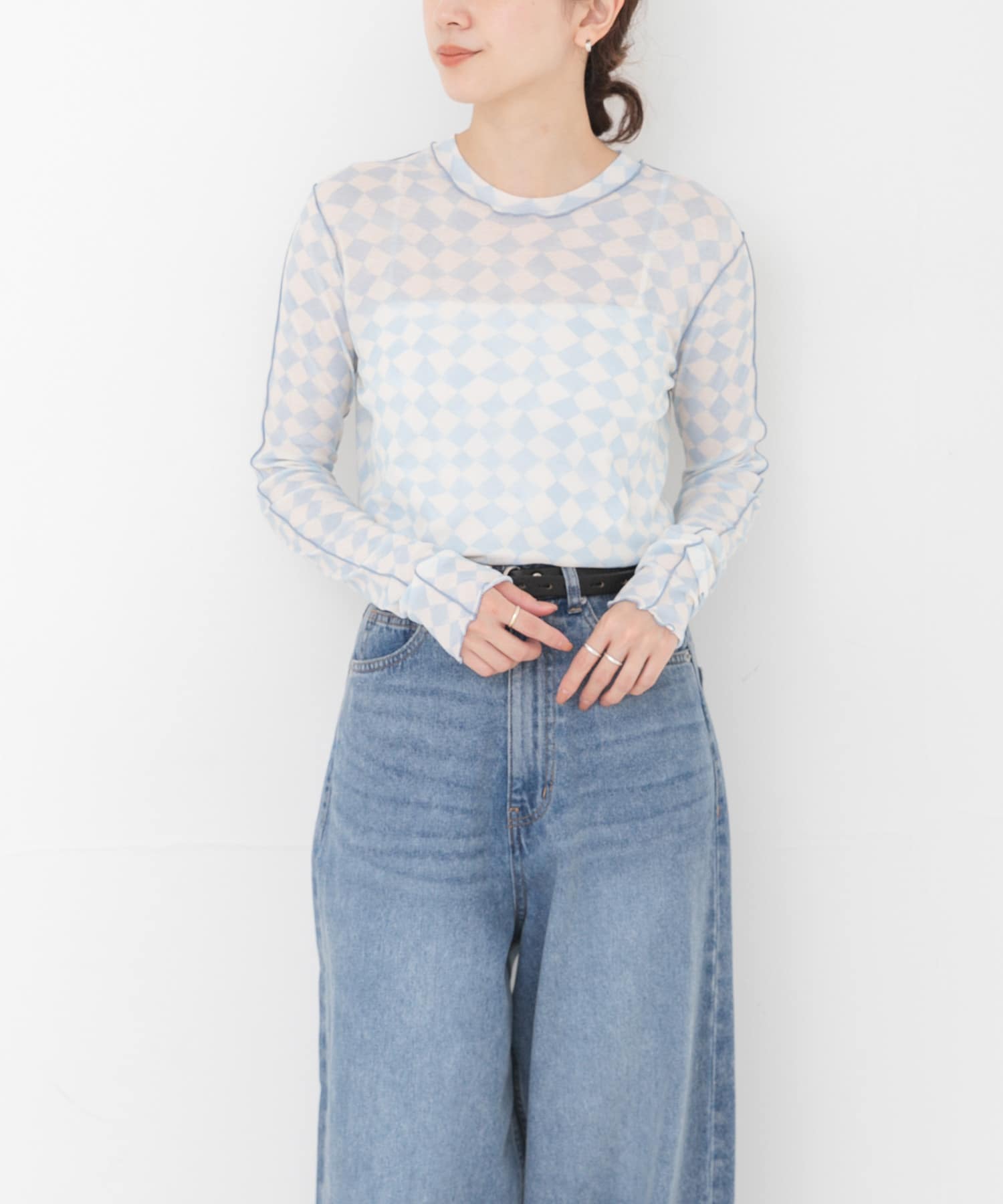 HAKUJI DIAMOND PRINT RIB LONG-SLEEVE PULLOVER(Free LT BLUE