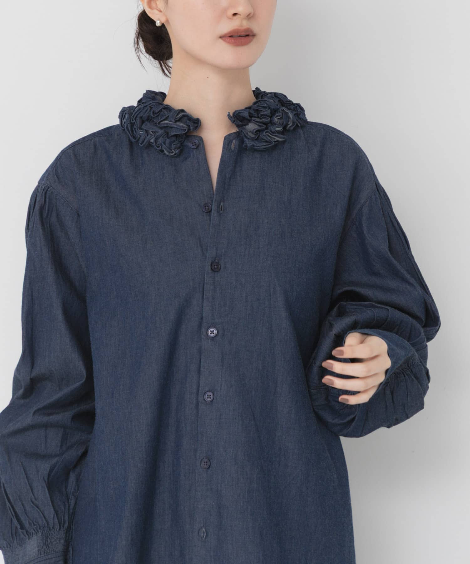 crinkle crinkle crinkleデニムフリルシャツ crinkle crinkle crinkle INDIGO FRILL COLLAR SHIRTS(Free INDIGO