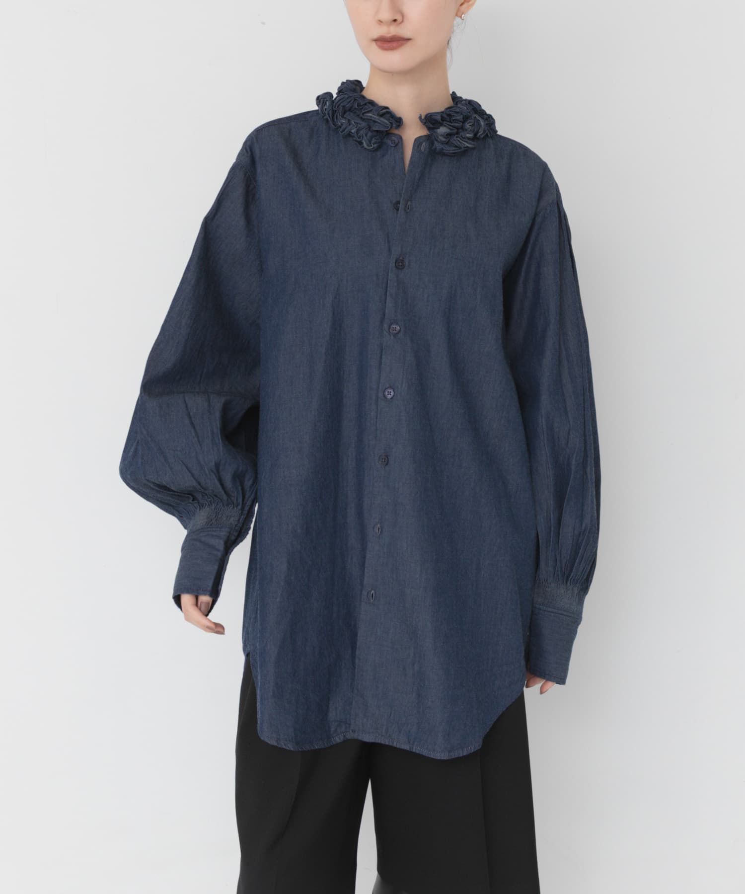 crinkle crinkle crinkle INDIGO FRILL COLLAR SHIRTS(Free INDIGO