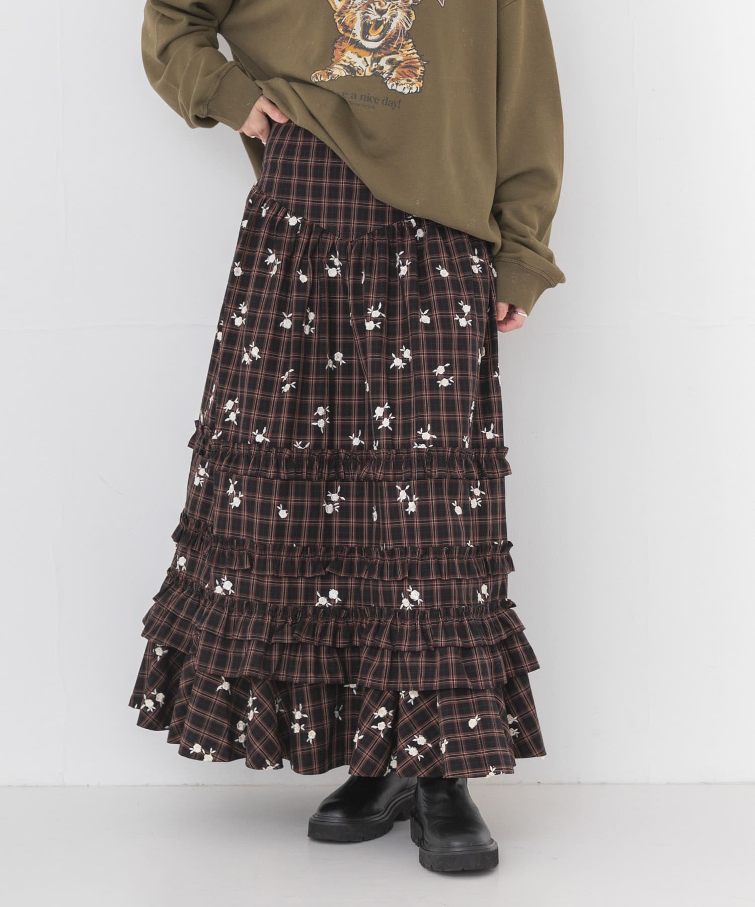 GANNI CHECK TIERED FRILL SKIRT(36 CAPPUCCINO): スカート｜URBAN