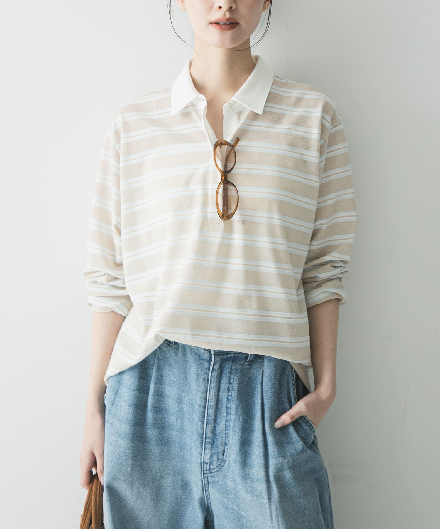 シャツカラーマルチボーダーカットソー