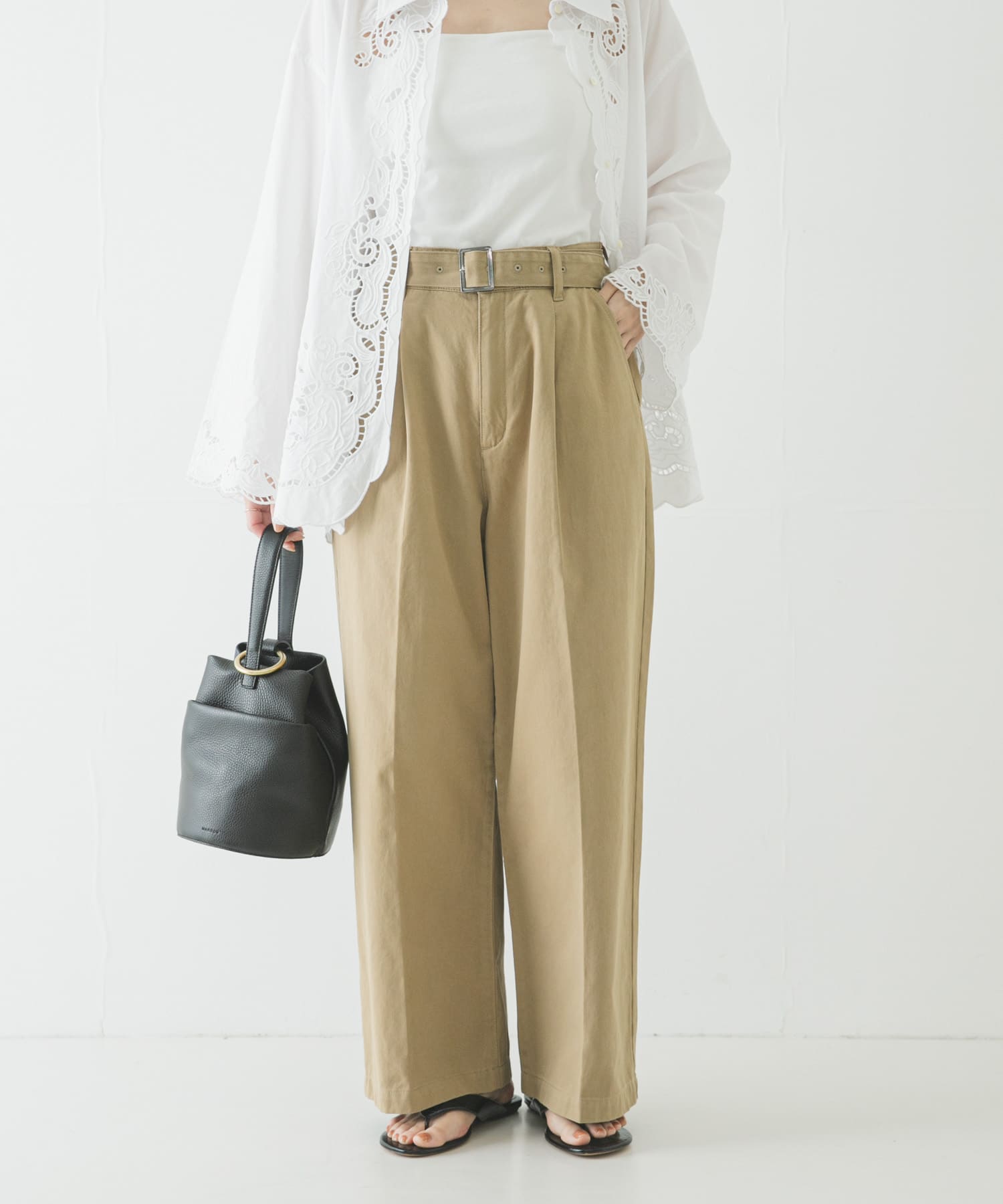 『3サイズ展開』ベルト付きタックワイドチノパンツ