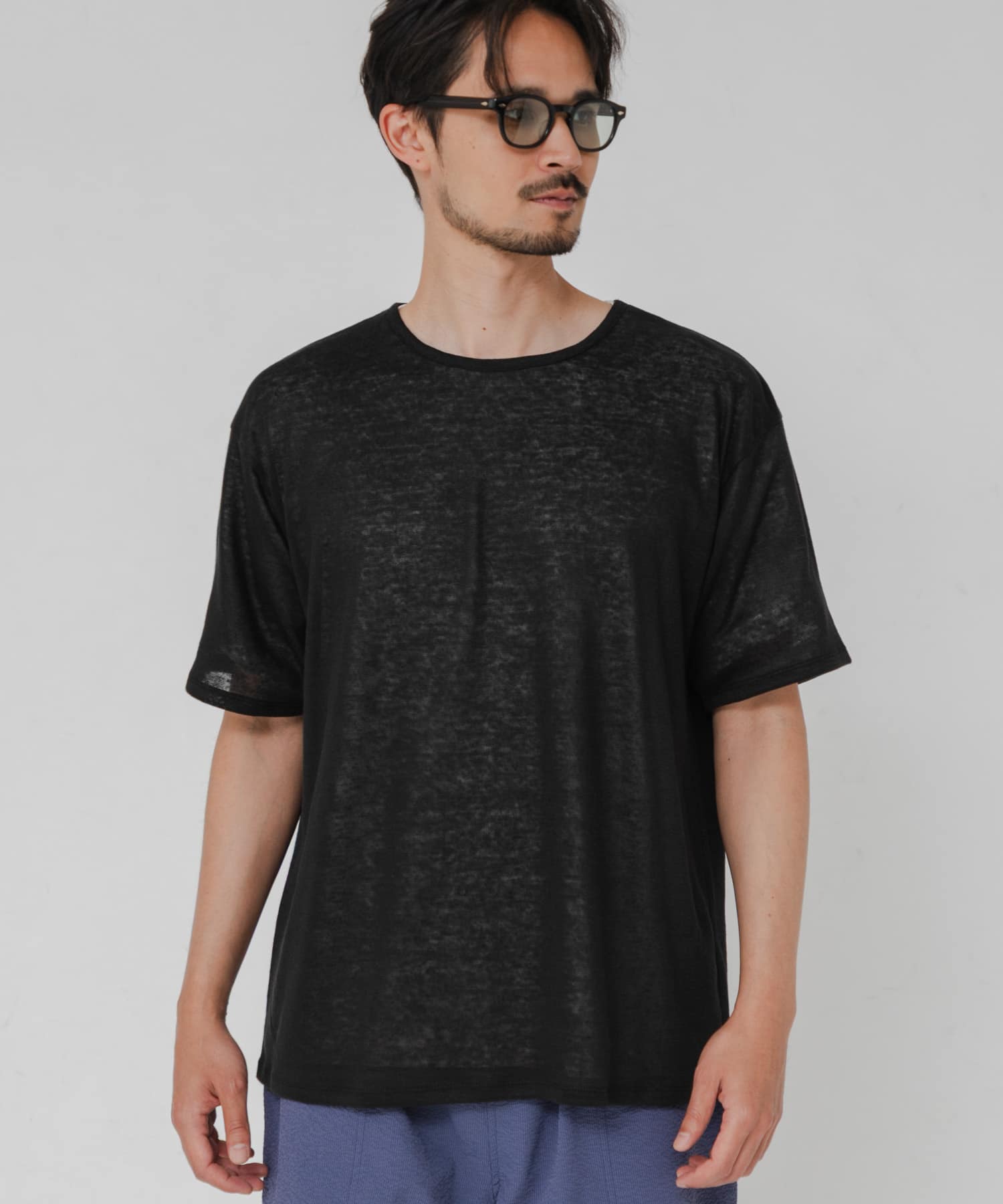 95cm 黒 Tシャツ 洗濯可』LINEN NARROW TRIM T-SHIRTS(M CHARCOAL): トップス｜URBAN