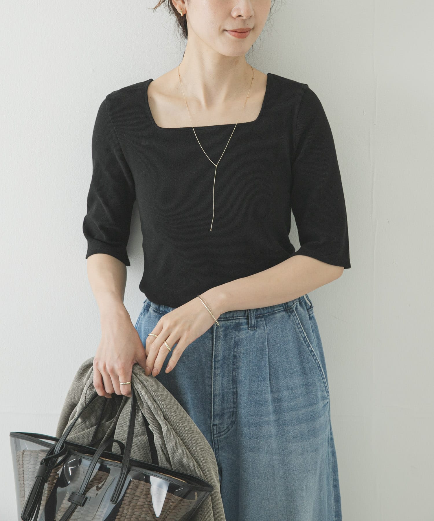 5分袖リブカットソー