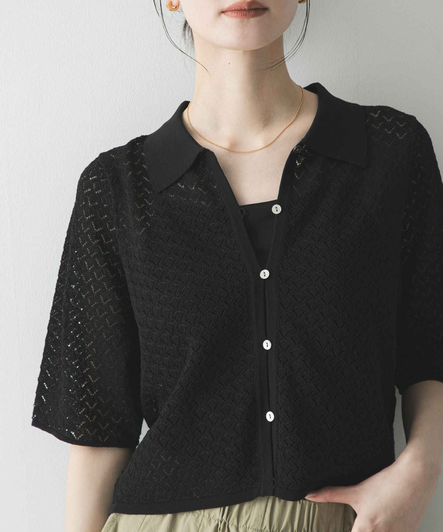 シャツカラーレースニット