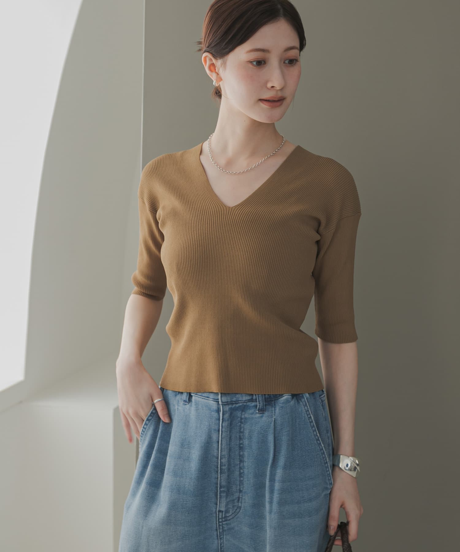 Vネックハーフスリーブリブニット(Free KHK BEIGE): トップス｜URBAN