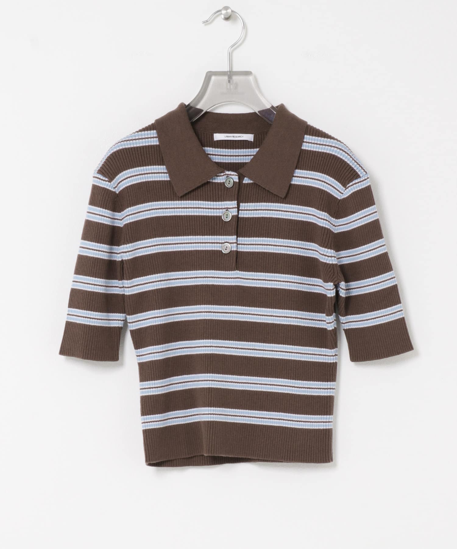 コットンシルクハーフスリーブポロ衿ニット BRN BORDER Free