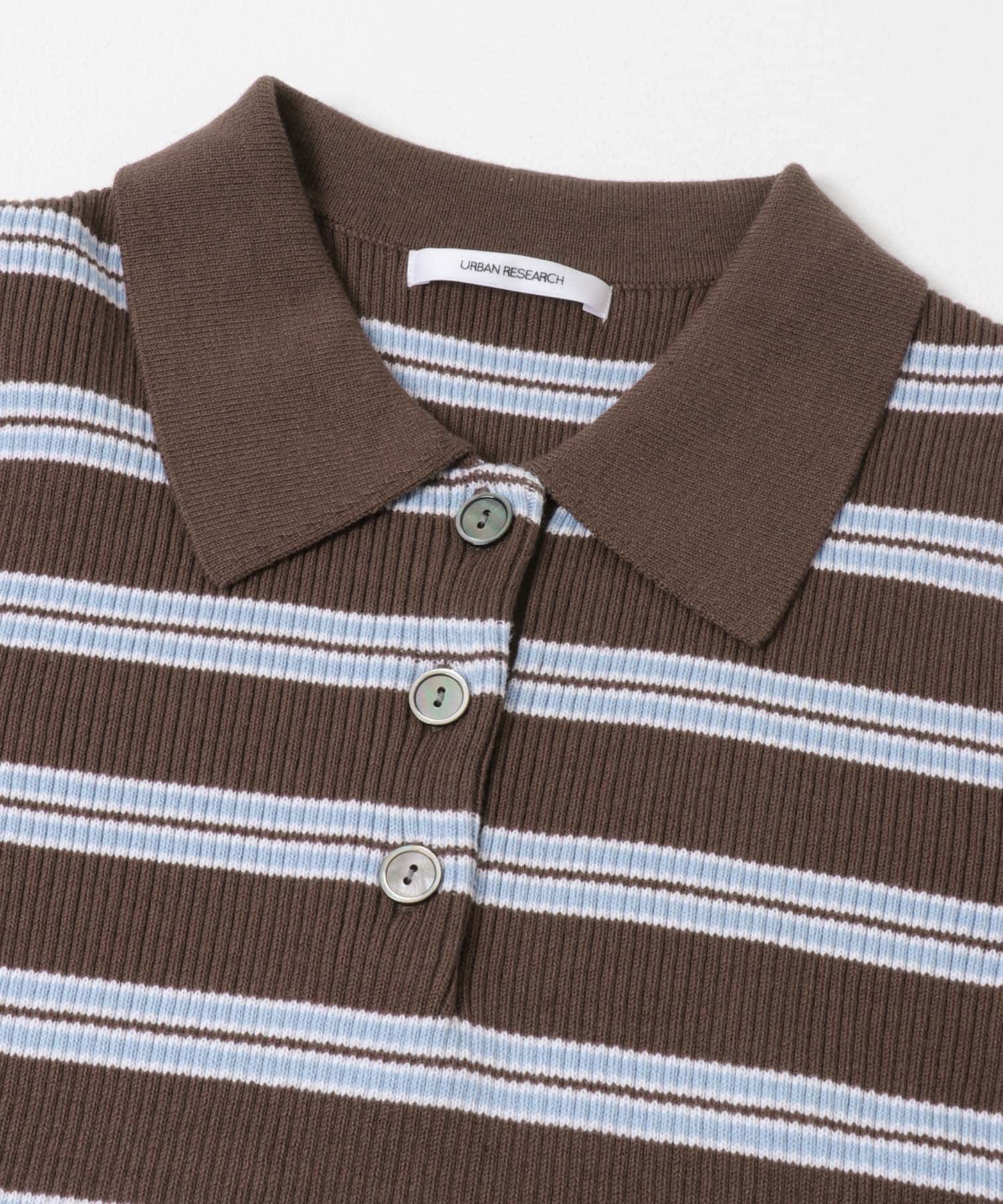 コットンシルクハーフスリーブポロ衿ニット BRN BORDER Free