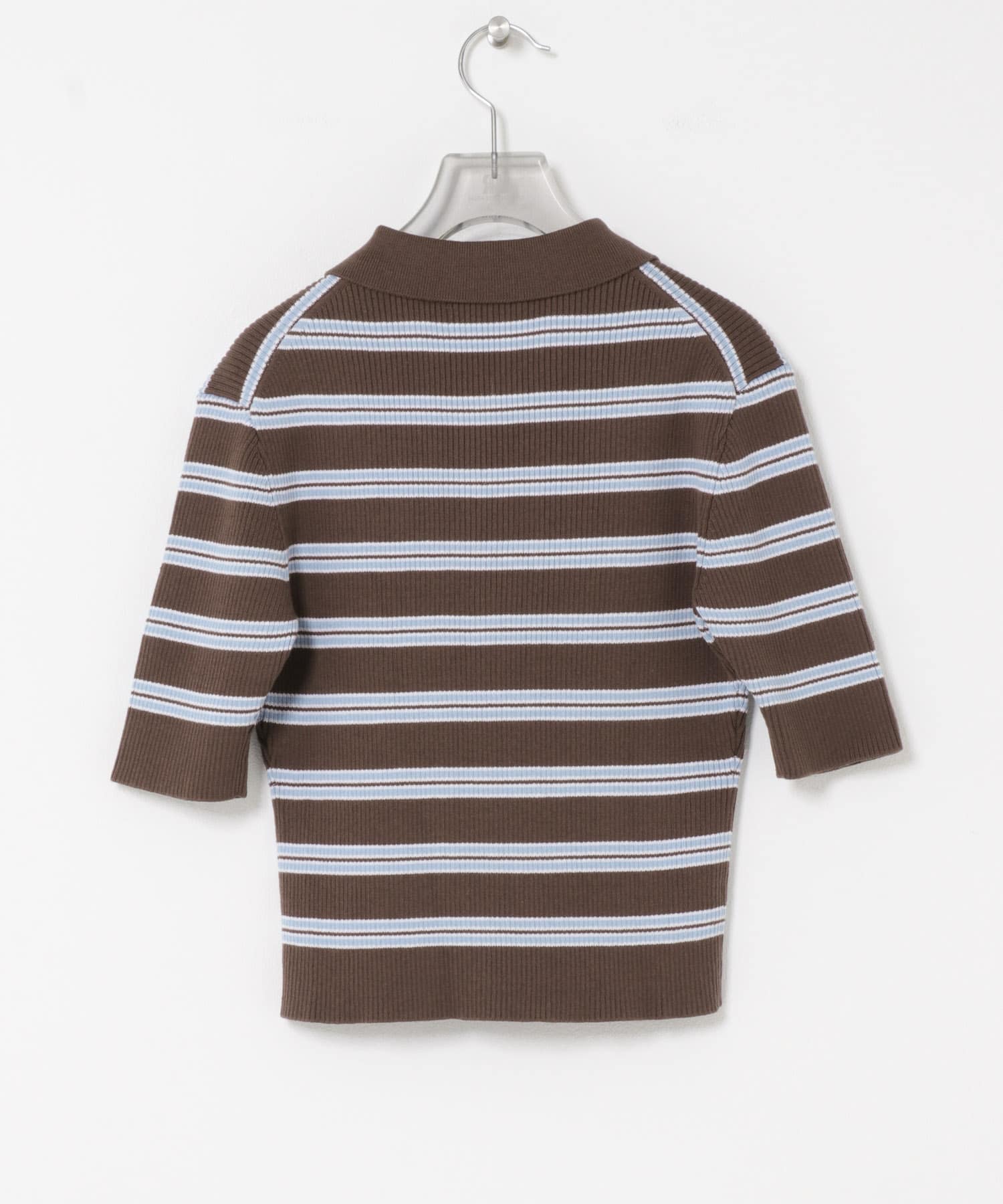 コットンシルクハーフスリーブポロ衿ニット BRN BORDER Free