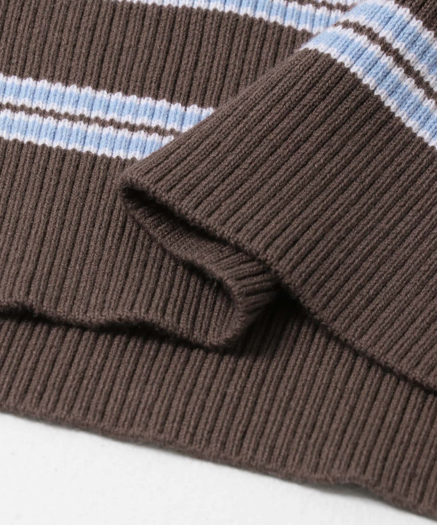 コットンシルクハーフスリーブポロ衿ニット BRN BORDER Free