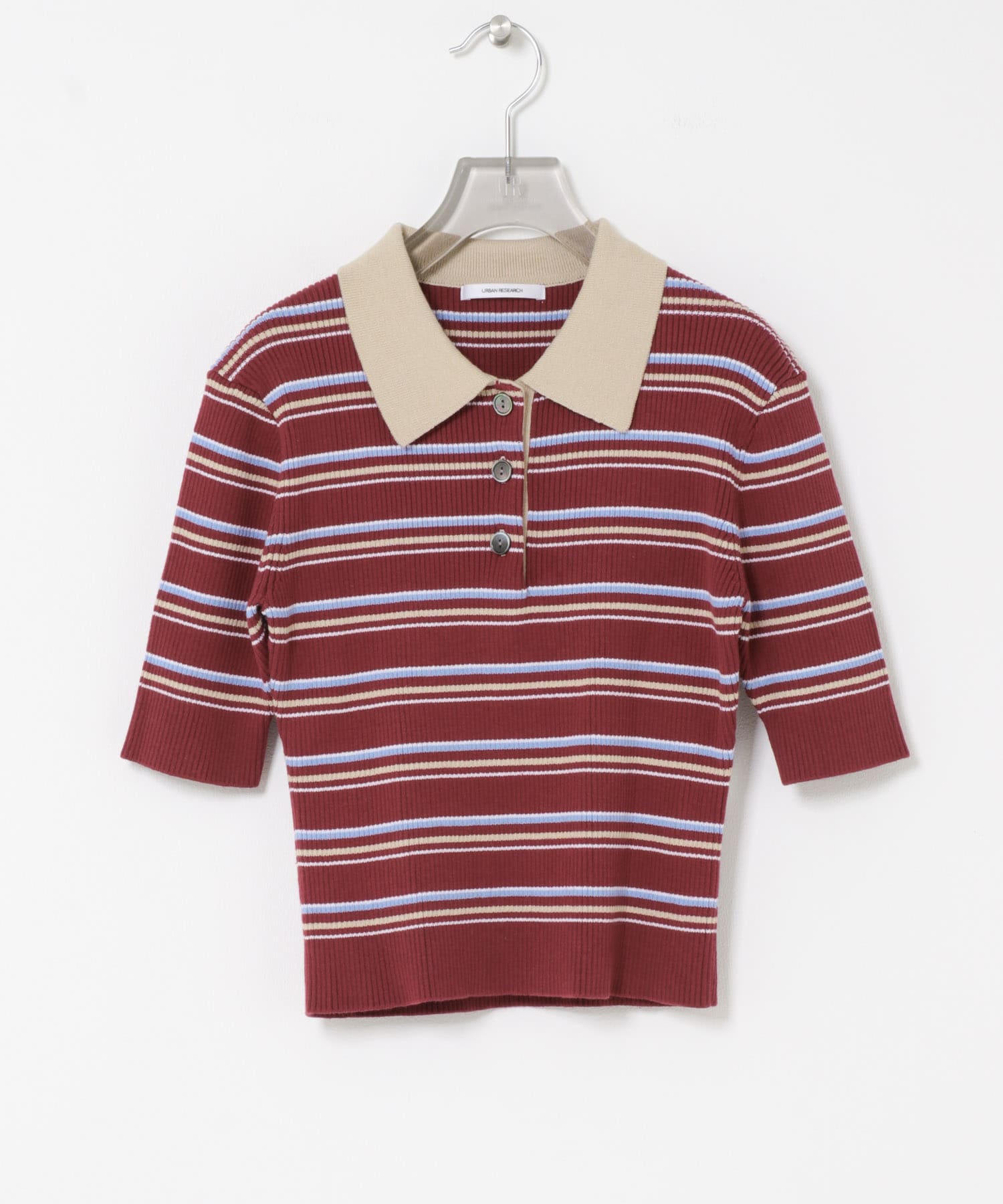 コットンシルクハーフスリーブポロ衿ニット RED BORDER Free