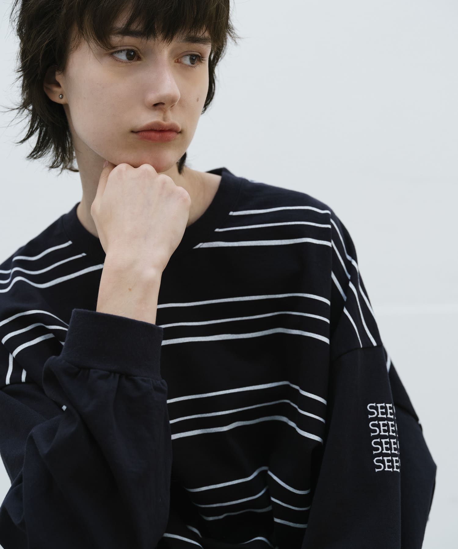 SEE SEE　SUPER BIG  LS TEE (MULTI BORDER) NAVY M